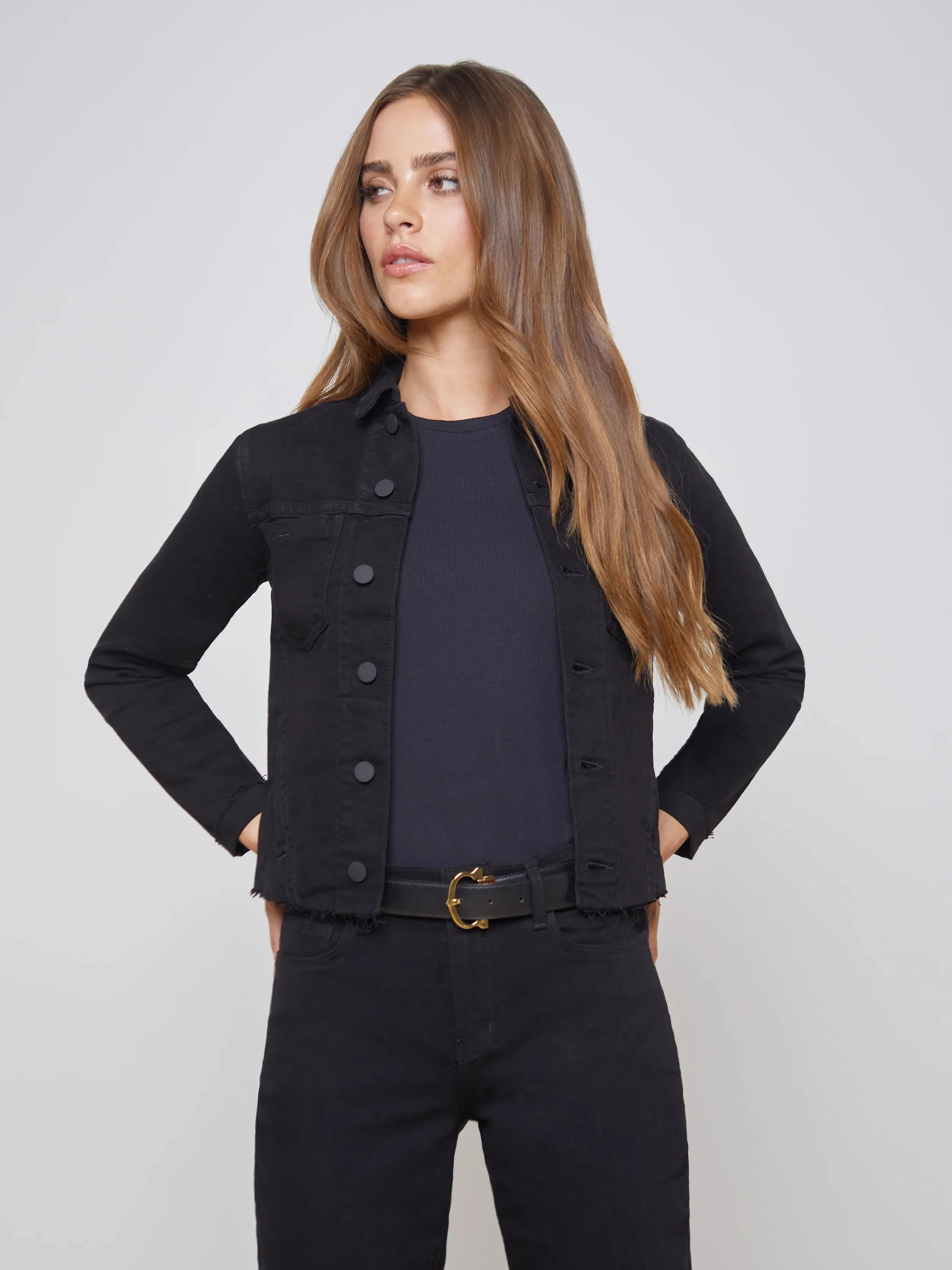 JANELLE SLIM RAW JACKET IN SATURATED BLACK