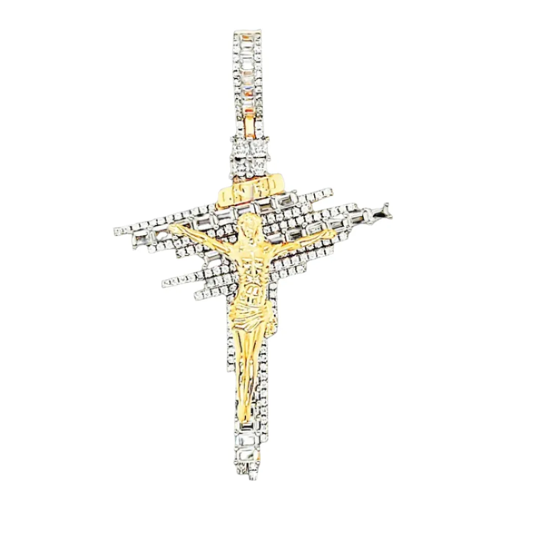 Jesus Cross Baguette Cubic Zirconia Sterling 925 Pendant Charm - C412959