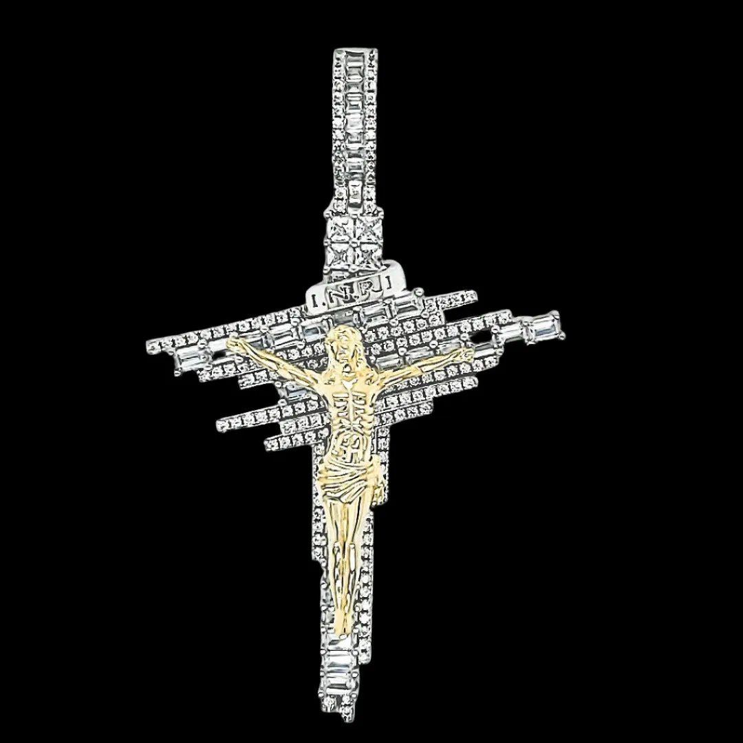 Jesus Cross Baguette Cubic Zirconia Sterling 925 Pendant Charm - C412959