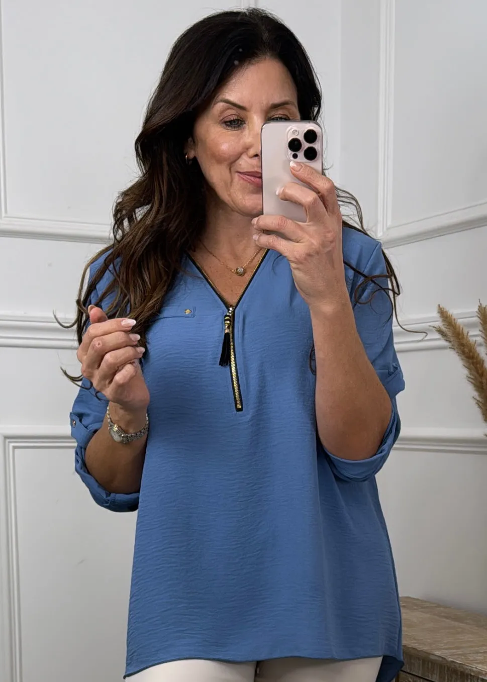 Jocasta Denim Zip Detail Top