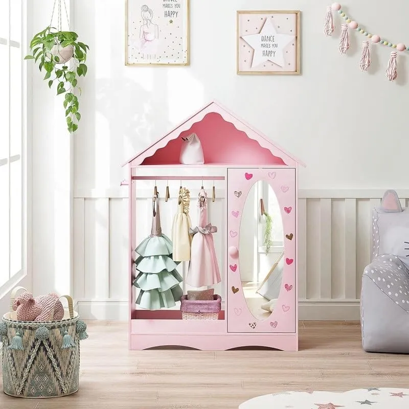 Kids Dress Up Storage with Mirror Armoire for Little Girls Pink Casual