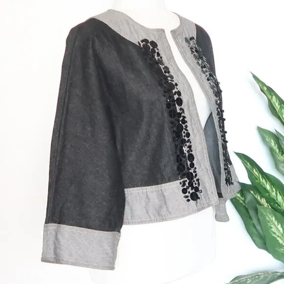 Kookai Black &amp; Grey Jean Sequin Embellished Open Front Cropped Blazer Jacket XS