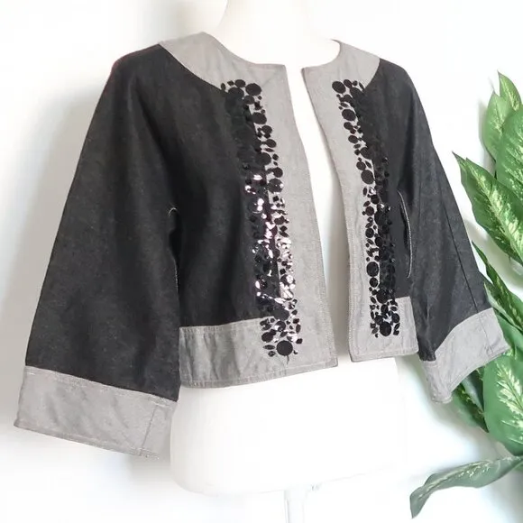 Kookai Black &amp; Grey Jean Sequin Embellished Open Front Cropped Blazer Jacket XS