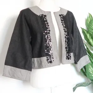 Kookai Black &amp; Grey Jean Sequin Embellished Open Front Cropped Blazer Jacket XS