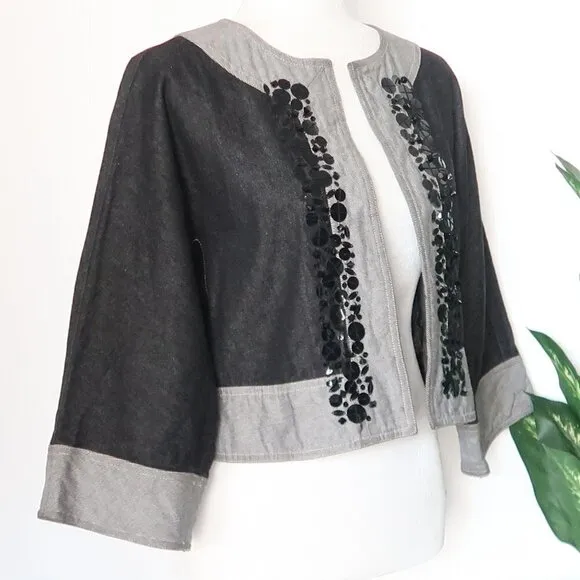 Kookai Black &amp; Grey Jean Sequin Embellished Open Front Cropped Blazer Jacket XS
