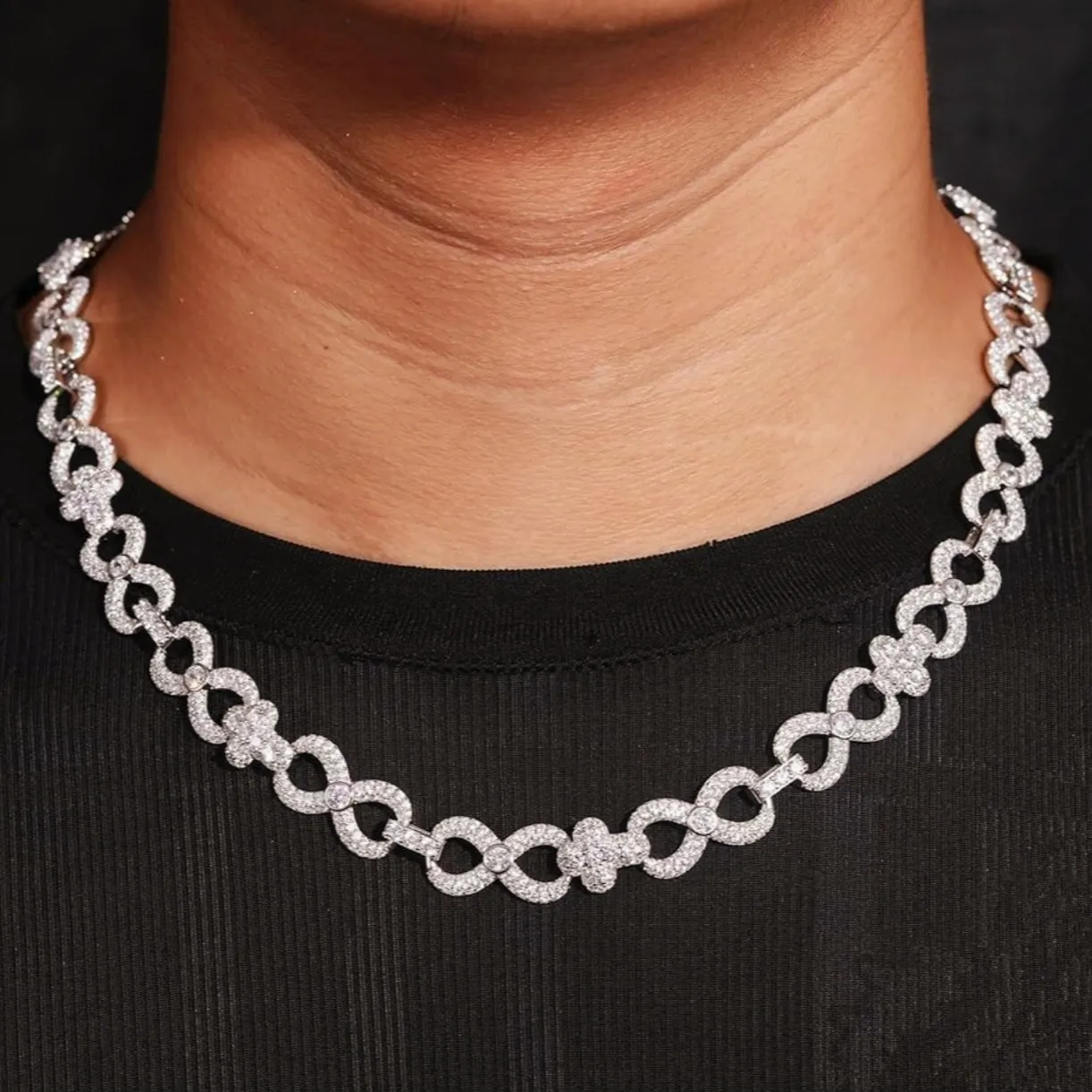 Lab-Created Moissanite Silver 925 Cross Infinity Link 12mm Iced Out Chain Necklace - M500039