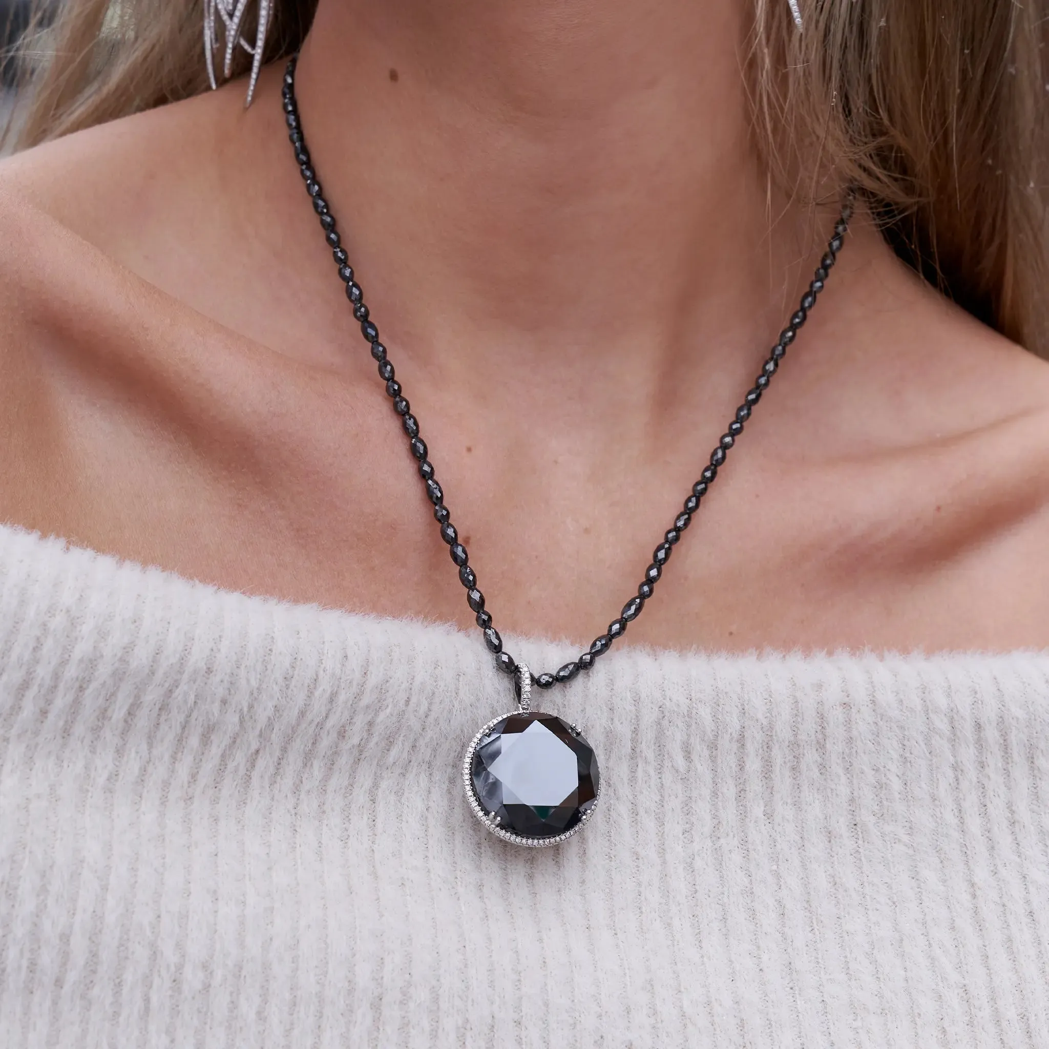 Large Round Black Diamond & Diamond Halo Pendant