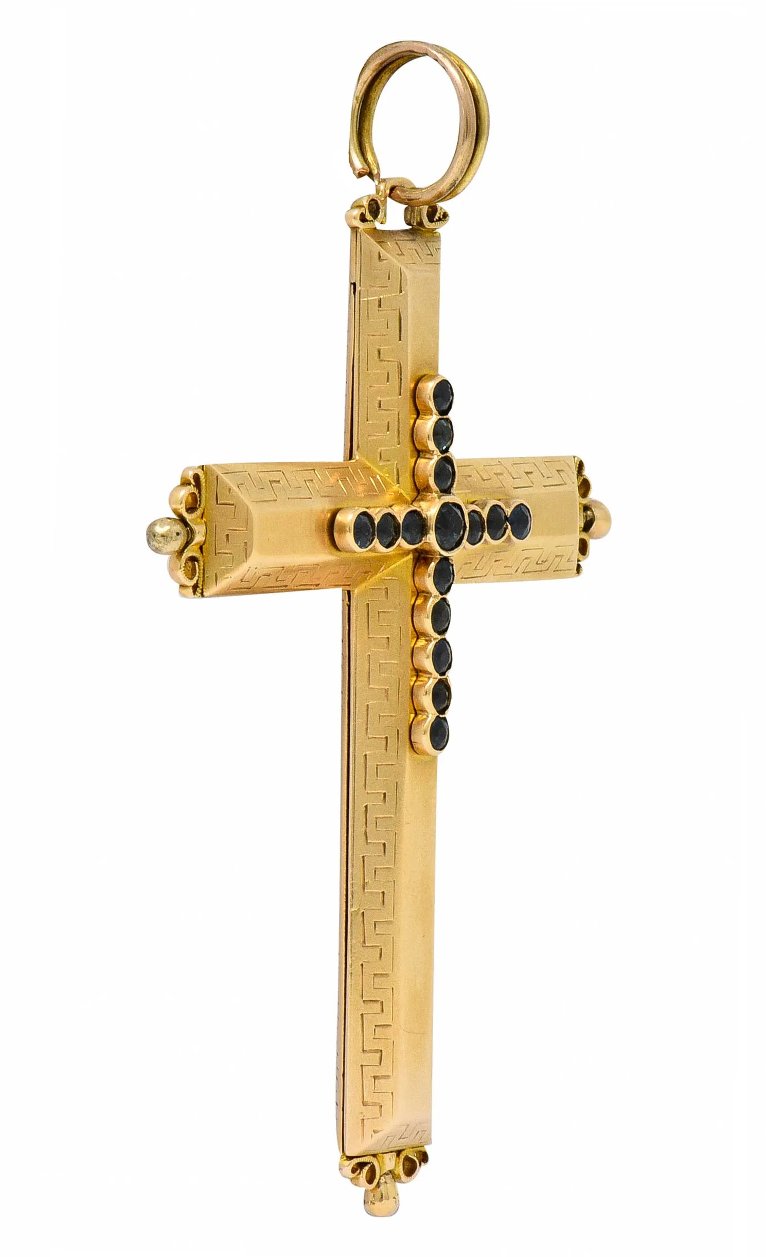 Large Victorian Sapphire 14 Karat Gold Reliquary Cross Pendant
