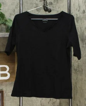 Lemon Way Women's Scalloped Edge Slub Knit Top Black Medium