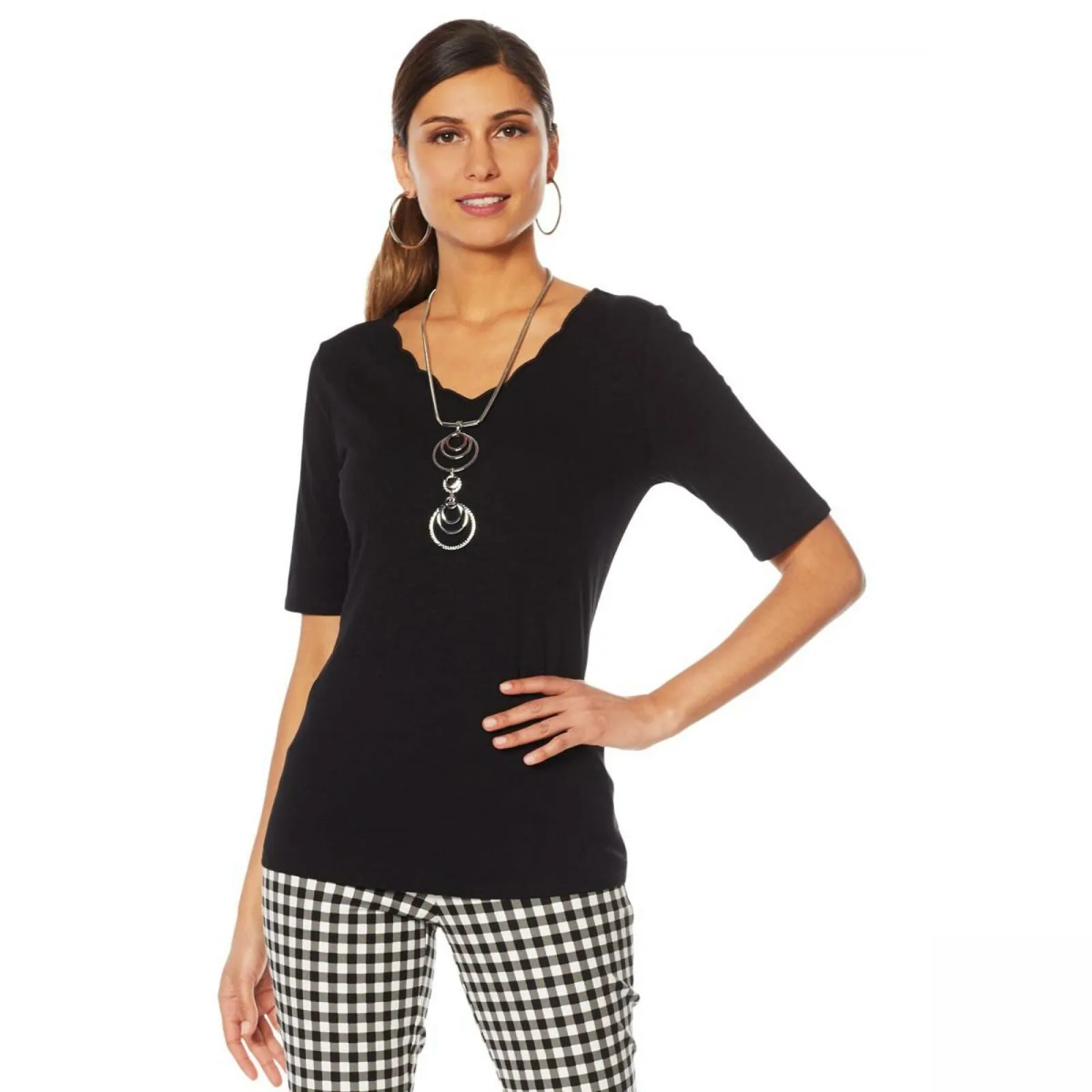 Lemon Way Women's Scalloped Edge Slub Knit Top Black Medium