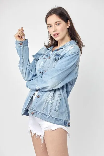 Light Blue Distressed Long Sleeve Denim Jacket Small-3XL