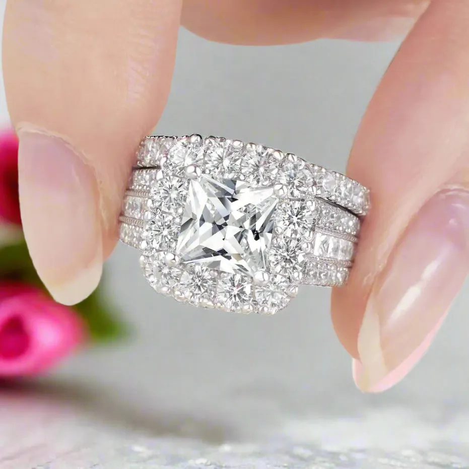 Luxurious Princess Cut Halo Created Diamond Engagement Set