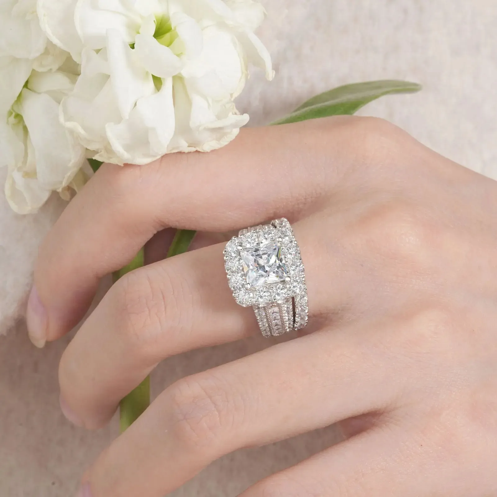 Luxurious Princess Cut Halo Created Diamond Engagement Set