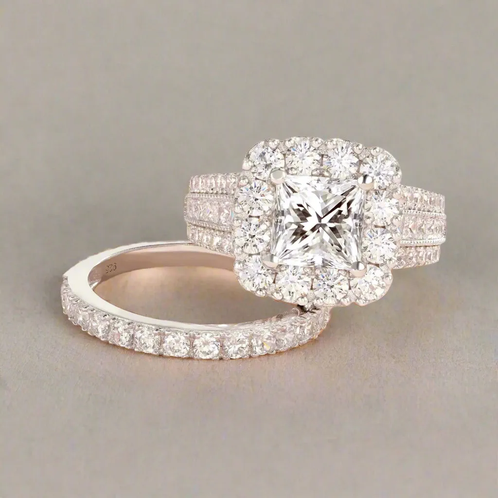 Luxurious Princess Cut Halo Created Diamond Engagement Set