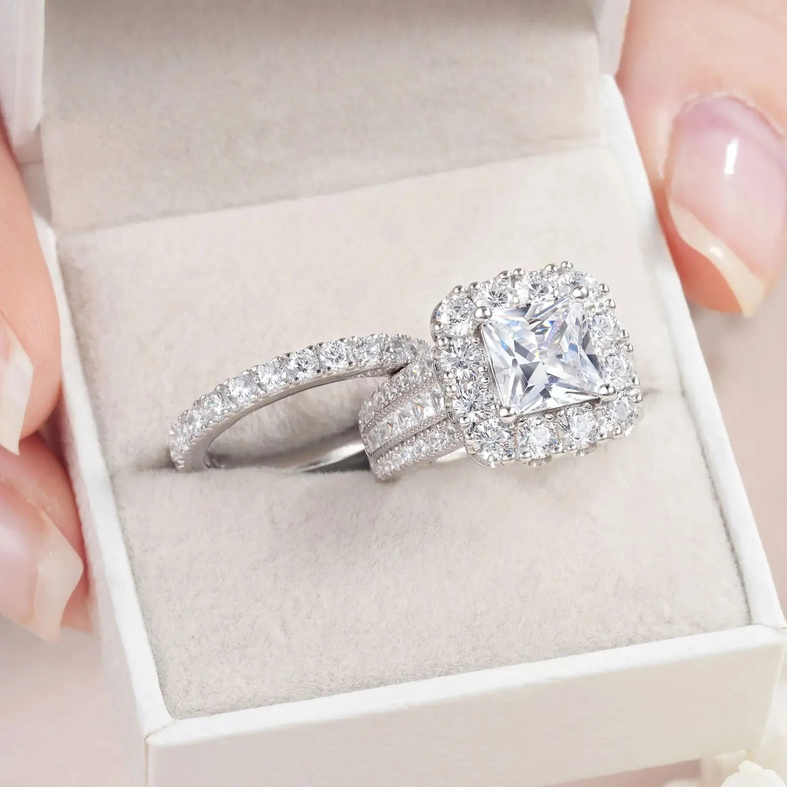 Luxurious Princess Cut Halo Created Diamond Engagement Set