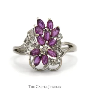 Marquise Ruby & Round Diamond Cluster Ring in 14k White Gold Split Shank Setting