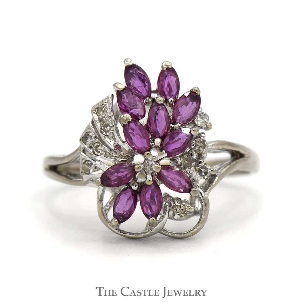 Marquise Ruby & Round Diamond Cluster Ring in 14k White Gold Split Shank Setting