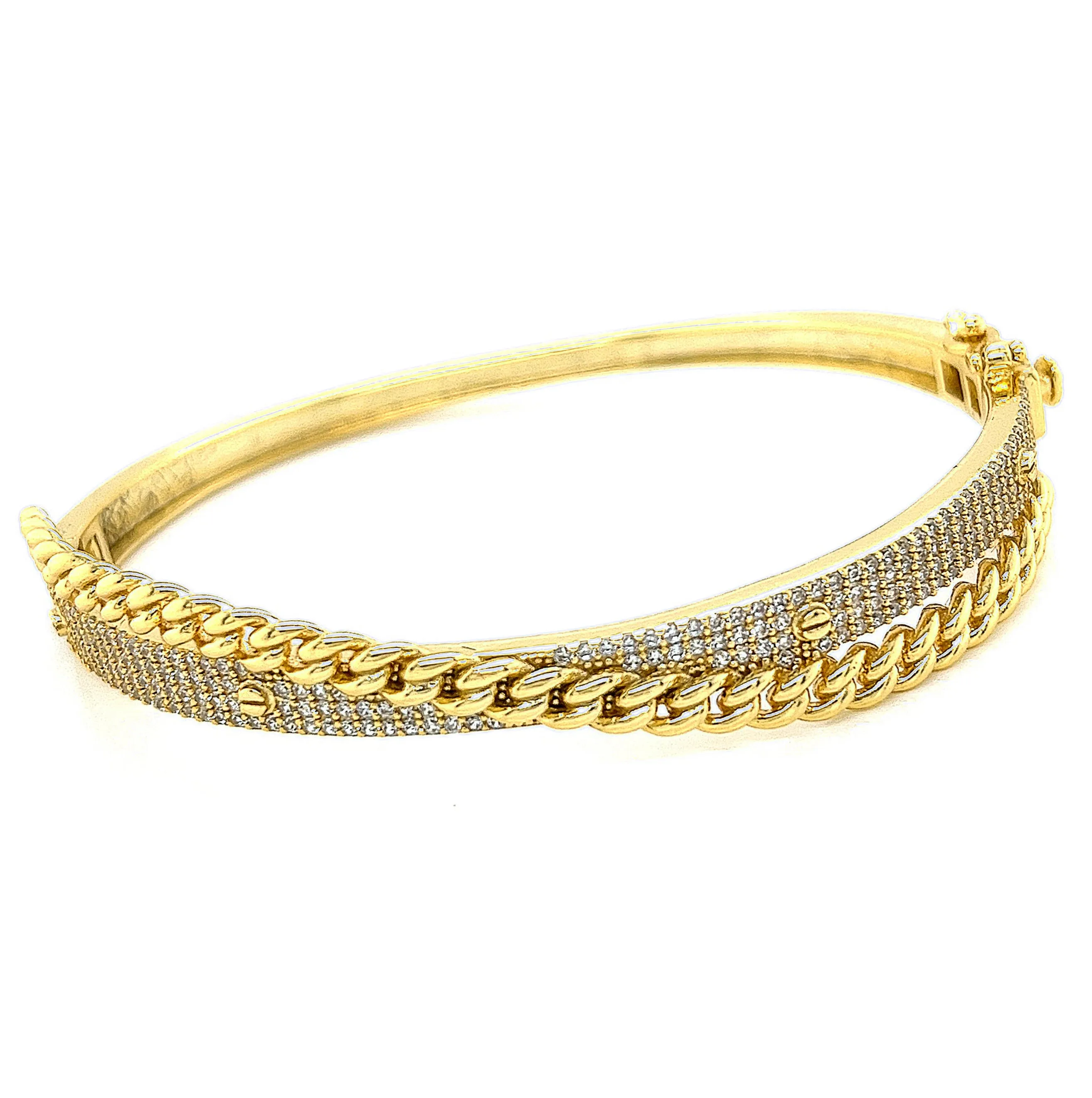 Mix Cut Cuban Screws Designed Pave Zirconia Two Layered 925 Sterling Bangle Bracelet