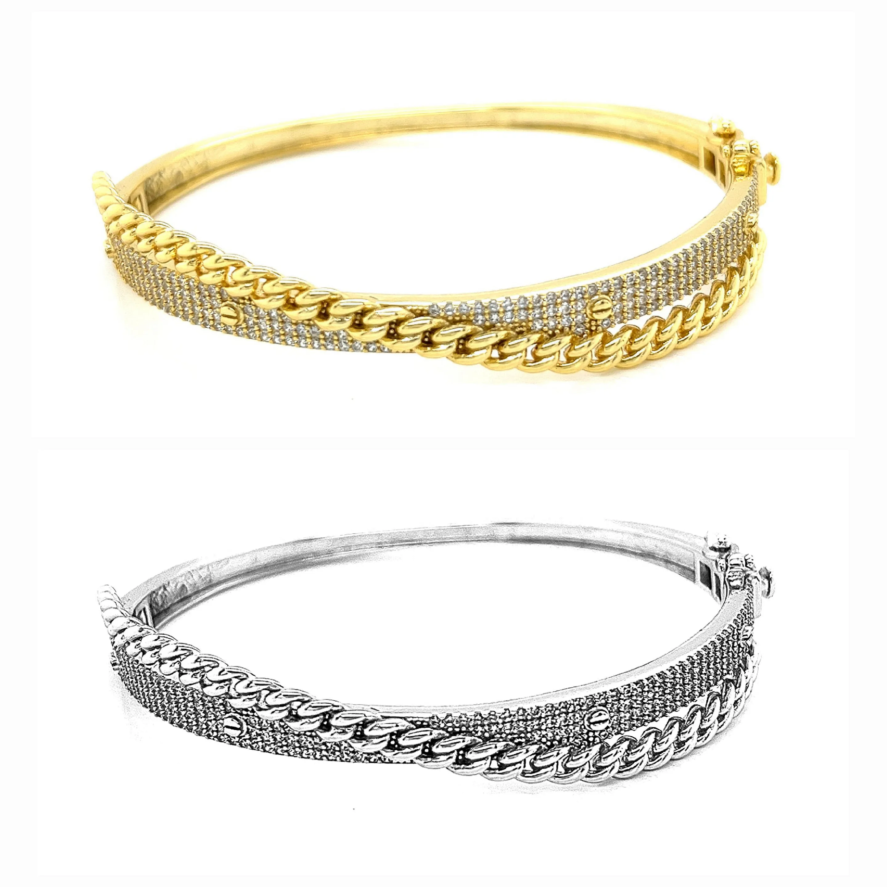Mix Cut Cuban Screws Designed Pave Zirconia Two Layered 925 Sterling Bangle Bracelet