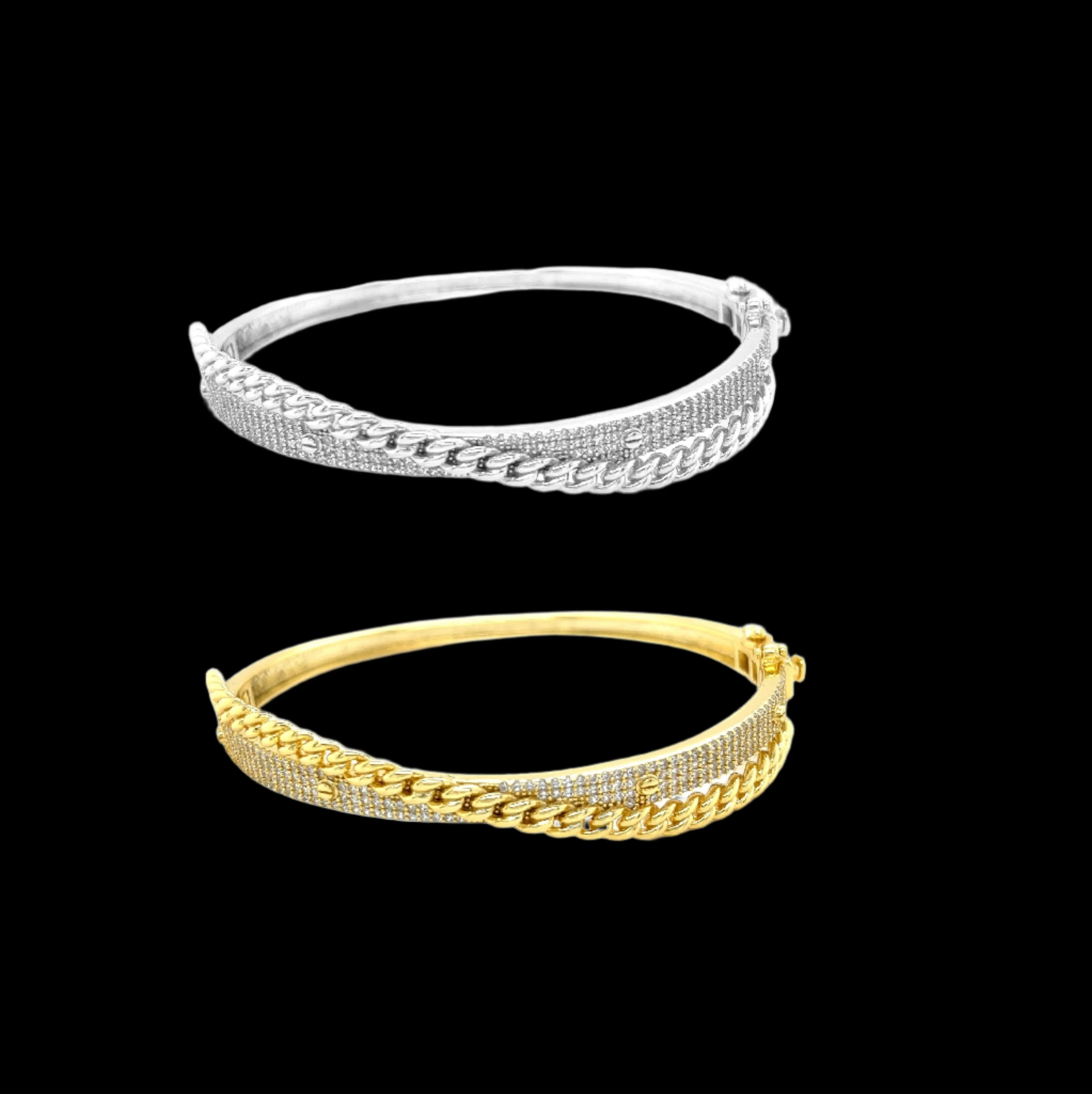 Mix Cut Cuban Screws Designed Pave Zirconia Two Layered 925 Sterling Bangle Bracelet