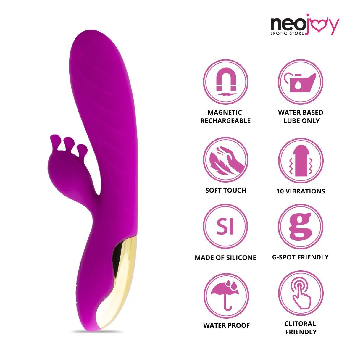 Neojoy Vibrating Dildo Clit Toucher Silicone Rabbit  Magnetic Rechargeable 10-Speed Functions - Purple