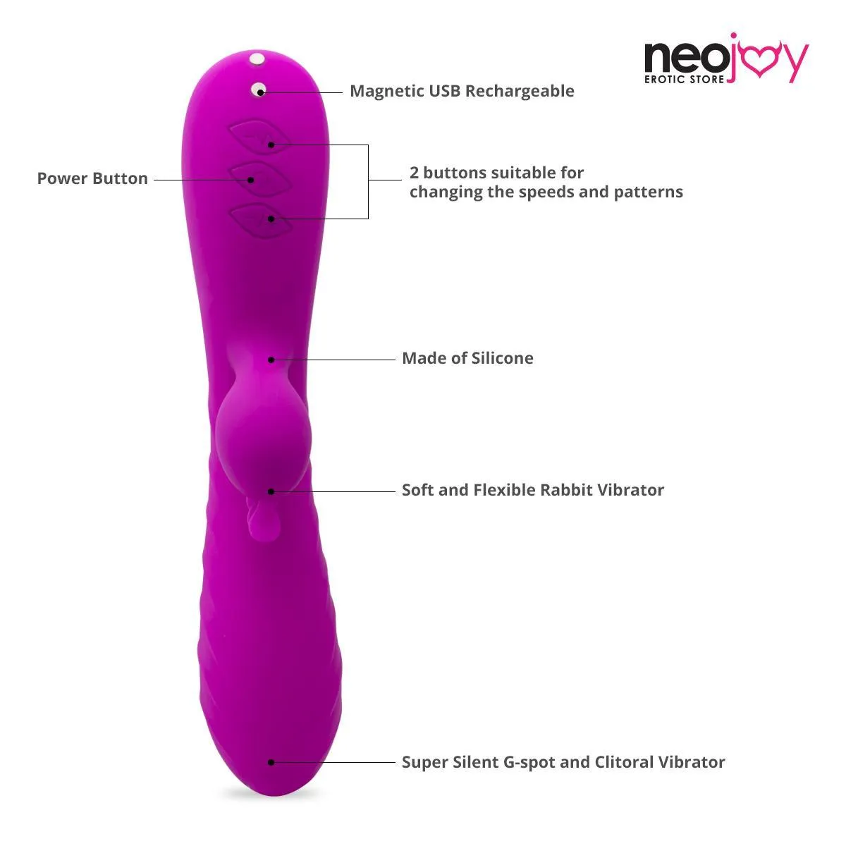 Neojoy Vibrating Dildo Clit Toucher Silicone Rabbit  Magnetic Rechargeable 10-Speed Functions - Purple