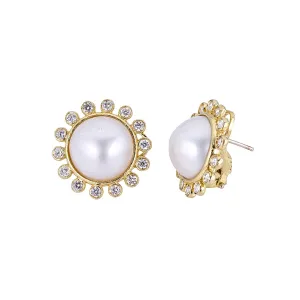 Pearl Sunburst Diamond Button Clip Earrings