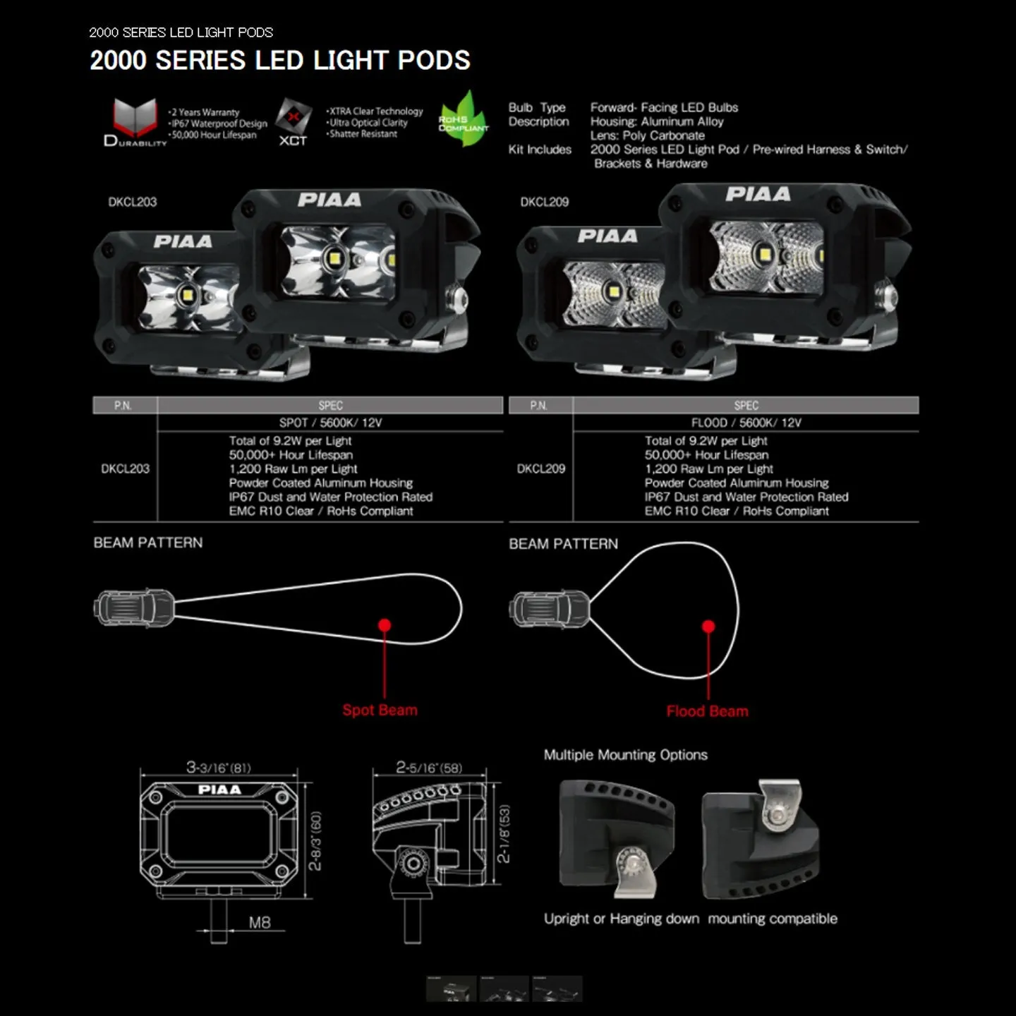 PIAA LED Light Bar FLOOD Beam 5600K 2000 Series Pod 3"