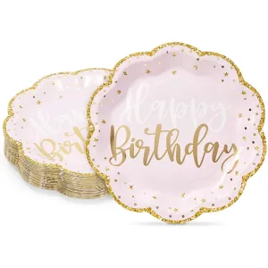 Pink Happy Birthday Party Plates With Gold Glitter Edges (9 In 48
