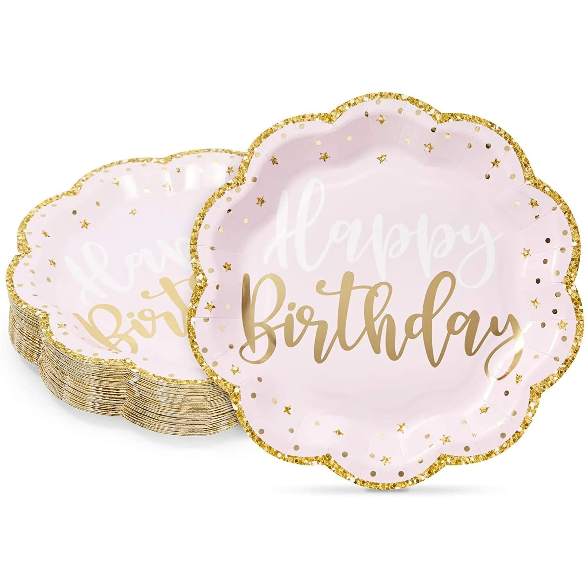 Pink Happy Birthday Party Plates With Gold Glitter Edges (9 In 48