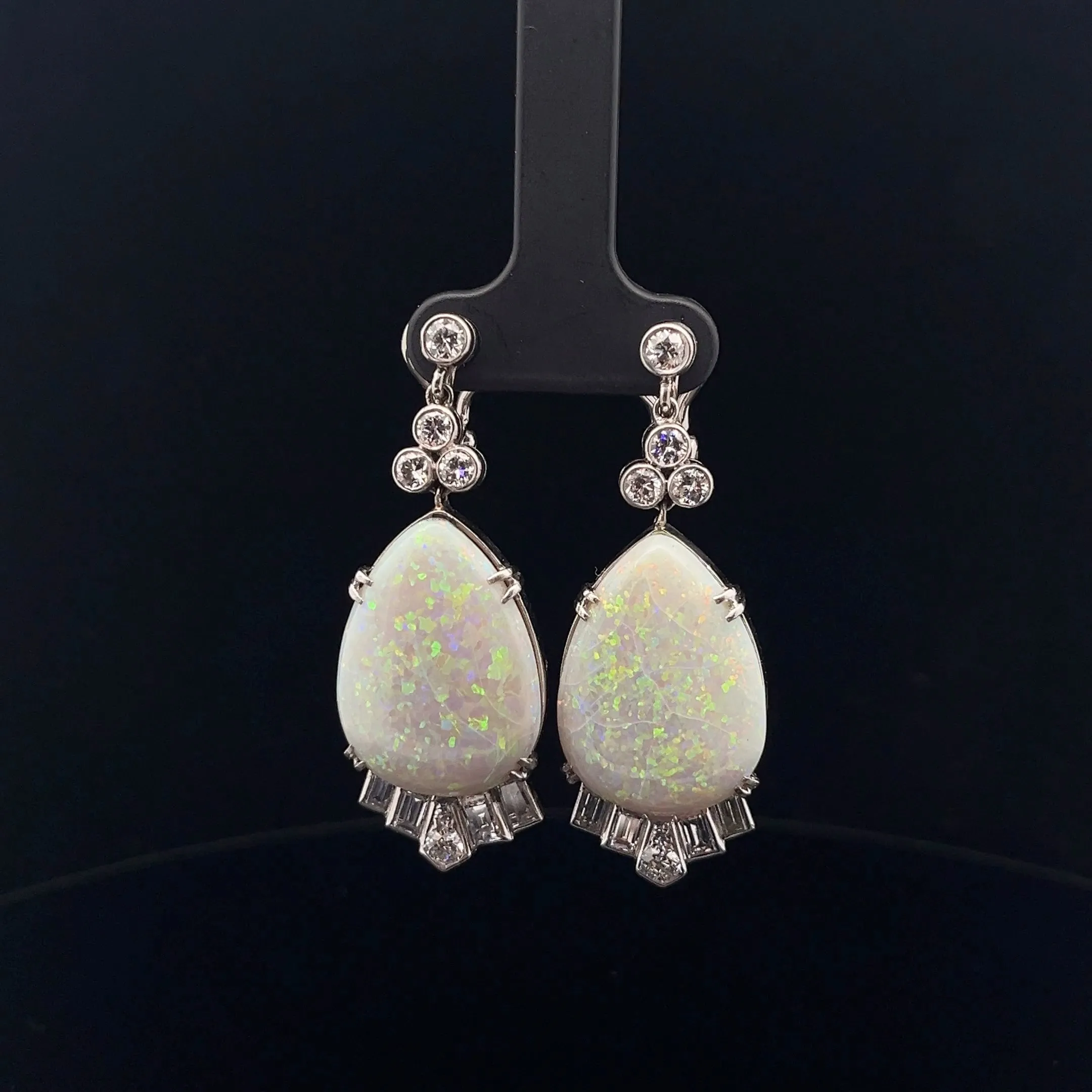 Platinum 20.00ct Pear Shape Opal and 2.00ct F VS2  Round and Baguette Shape Diamond Vintage Drop Earrings