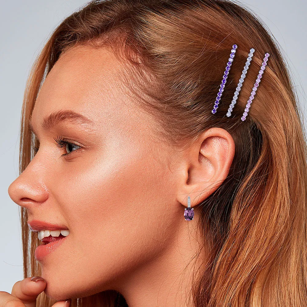 "Full of Possibilities" Set of Three  Clear, Lavender and Rose 4.2CTW Round Cut Cubic Zirconia Hair Pins - Silver