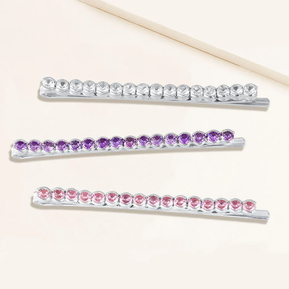 "Full of Possibilities" Set of Three  Clear, Lavender and Rose 4.2CTW Round Cut Cubic Zirconia Hair Pins - Silver