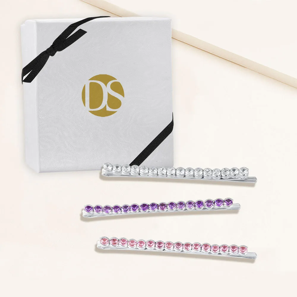 "Full of Possibilities" Set of Three  Clear, Lavender and Rose 4.2CTW Round Cut Cubic Zirconia Hair Pins - Silver