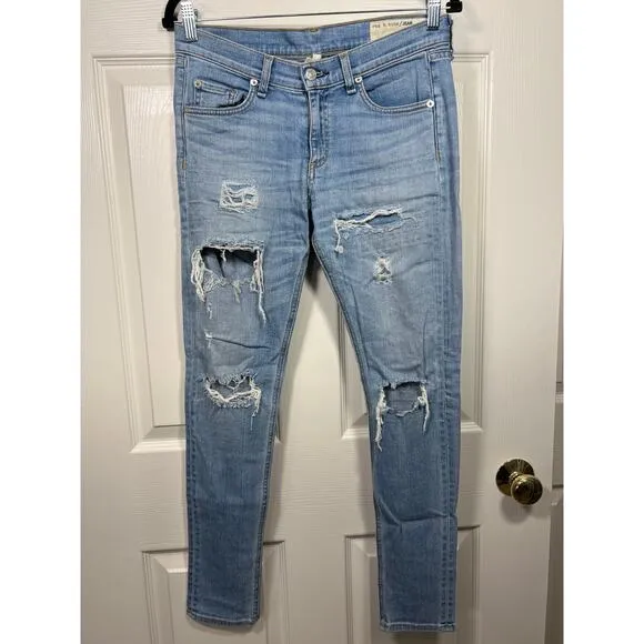 Rag and Bone Denim Heavily Distressed Skinny Leg Jean Light Blue Munoz Wash 28
