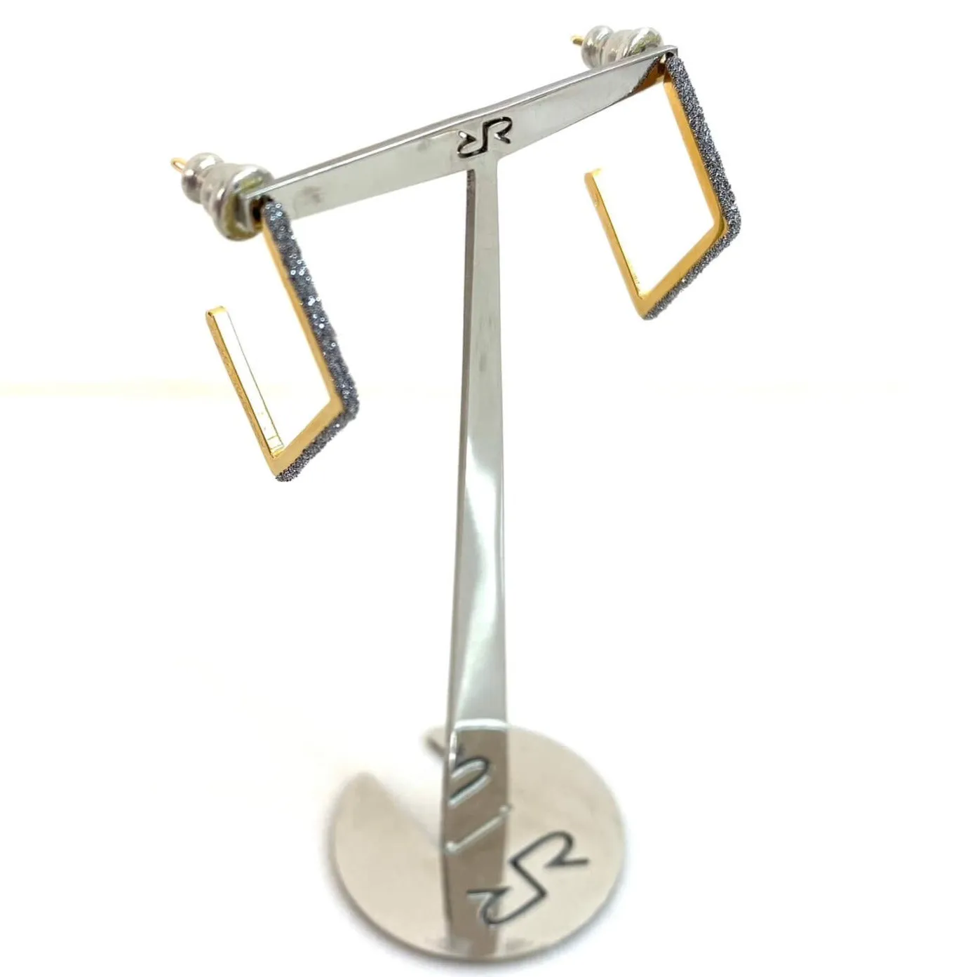 Rebecca Jolie Gold Black Diamond Powder Angular Hoop Earrings