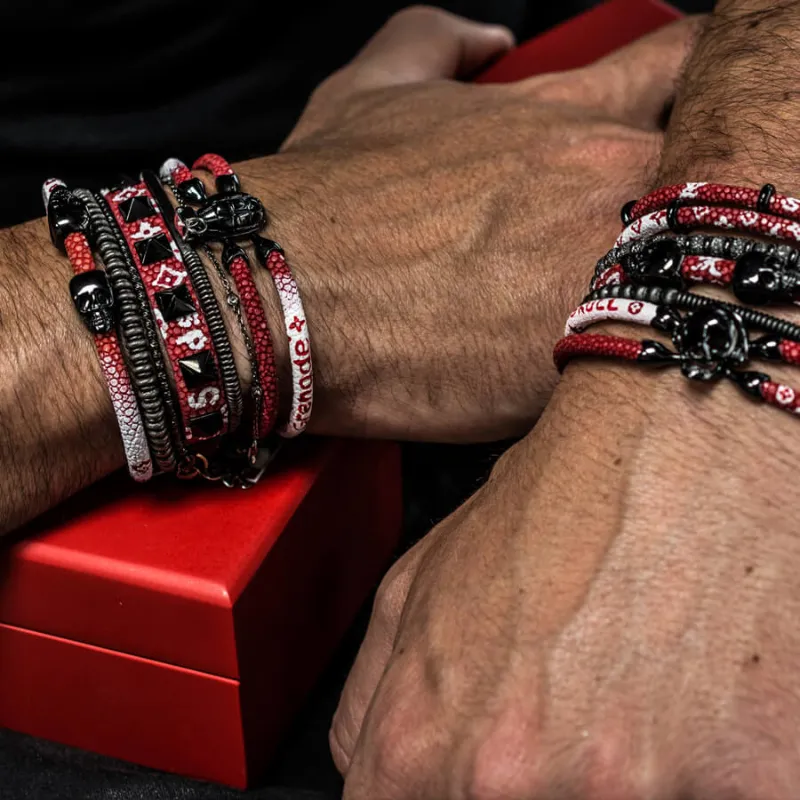 Red stingray bracelet with black double skull for man 4/10 size 19cm (LVS-INSPIRED)