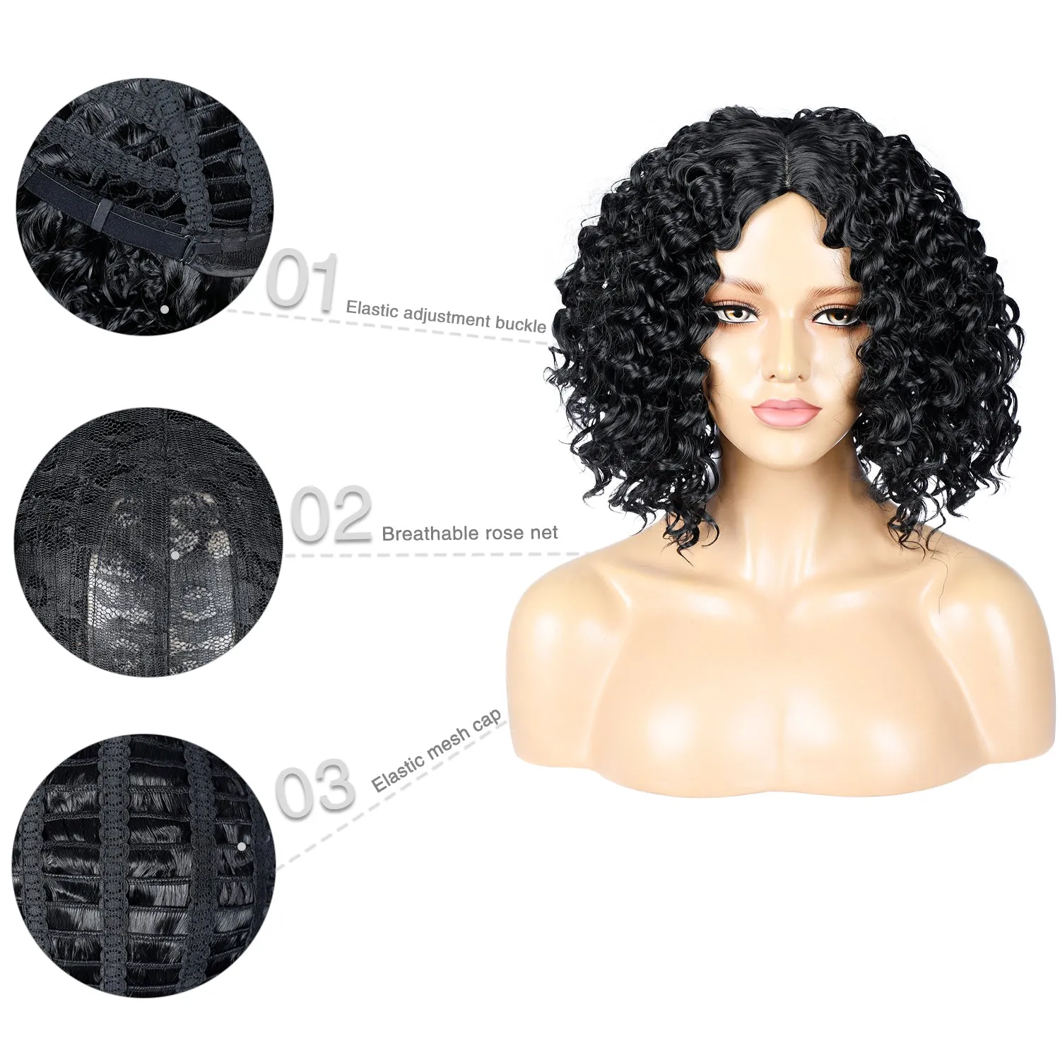 Reja | Black Medium Short Curly Synthetic Hair Wig