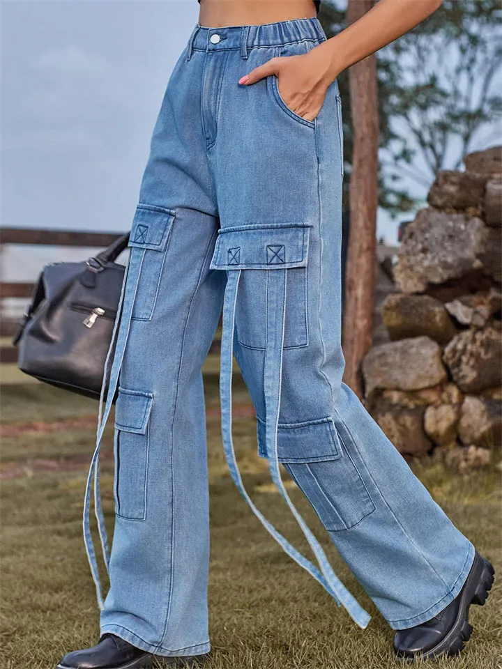 Retro Personality Lady Ribbon Design Denim Trouser