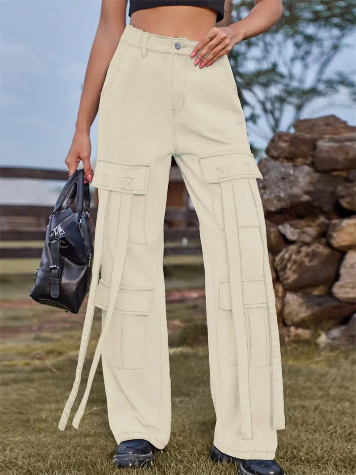 Retro Personality Lady Ribbon Design Denim Trouser