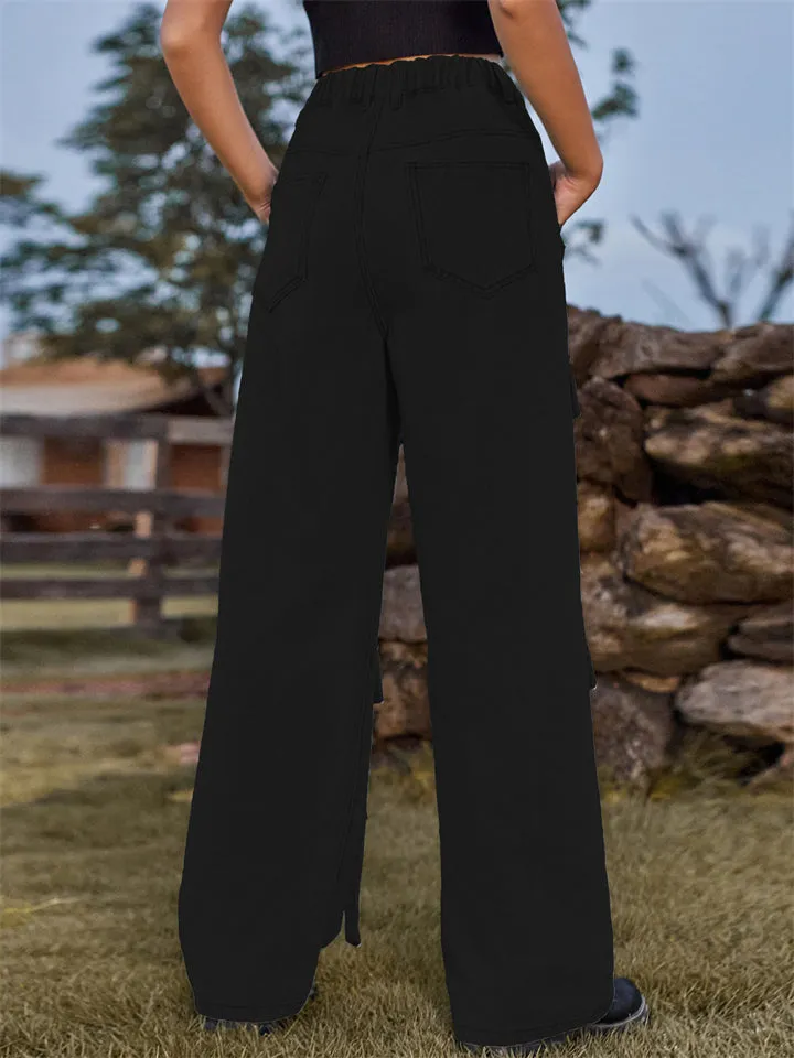 Retro Personality Lady Ribbon Design Denim Trouser