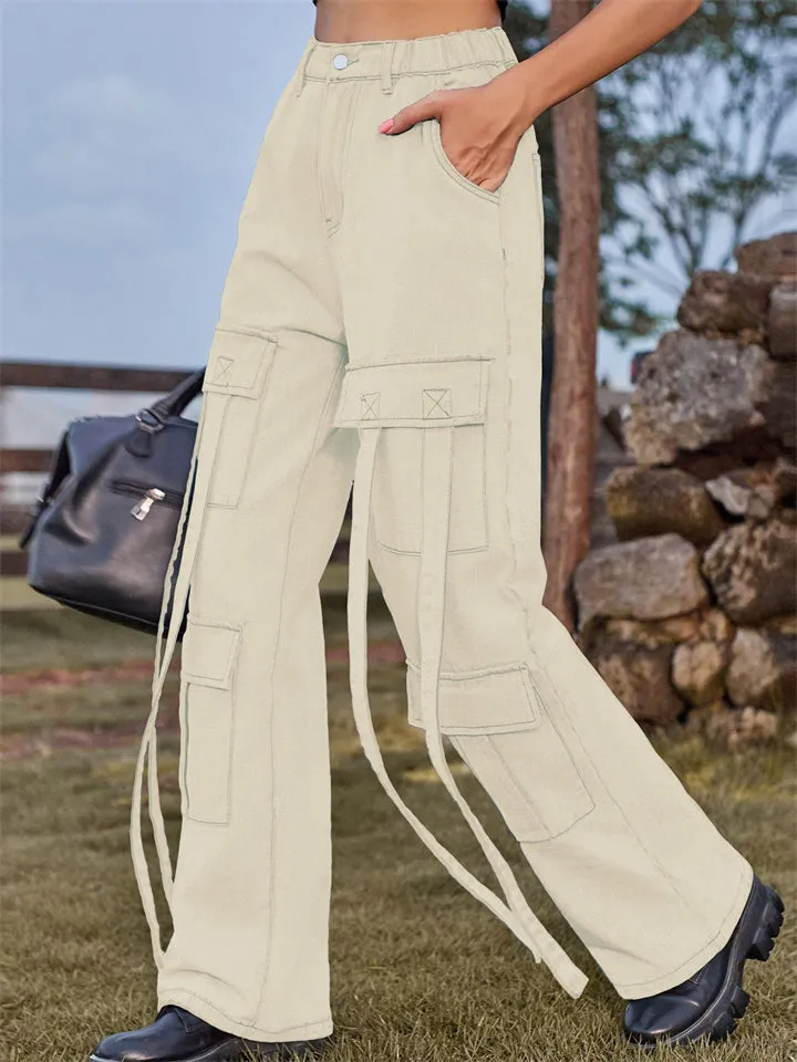 Retro Personality Lady Ribbon Design Denim Trouser