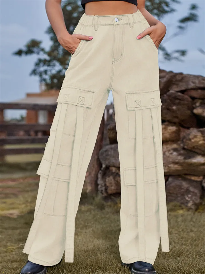 Retro Personality Lady Ribbon Design Denim Trouser