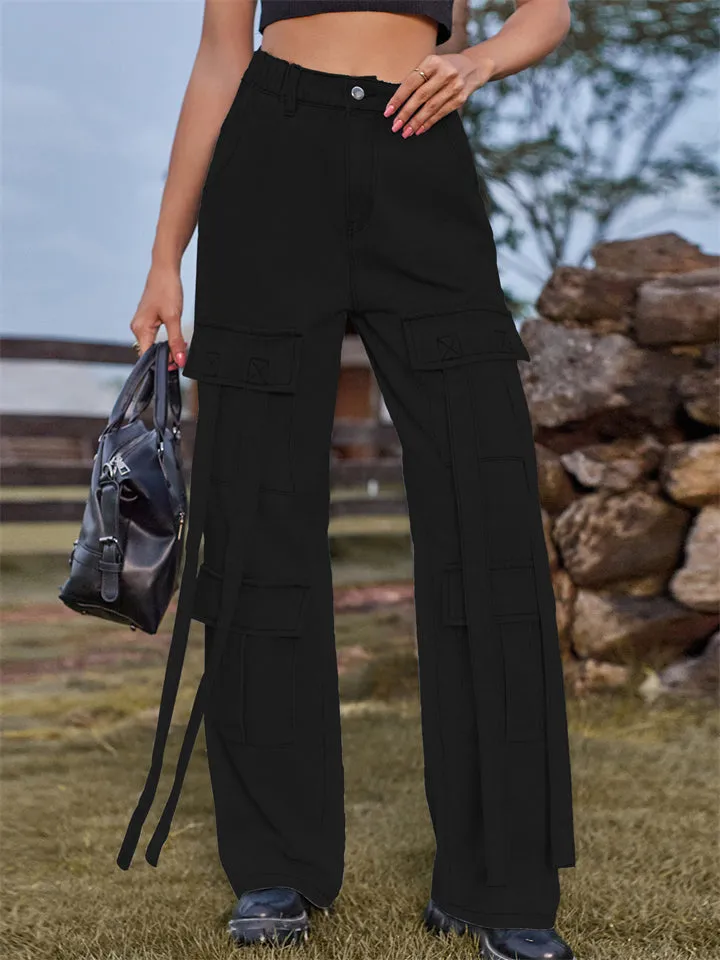 Retro Personality Lady Ribbon Design Denim Trouser