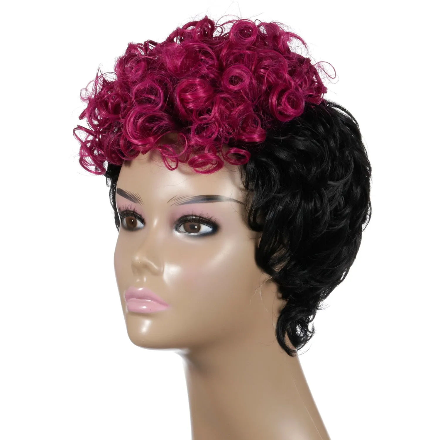 Rhonda | Black and Red Short Pixie Cut Curly Synthetic Hair Wig