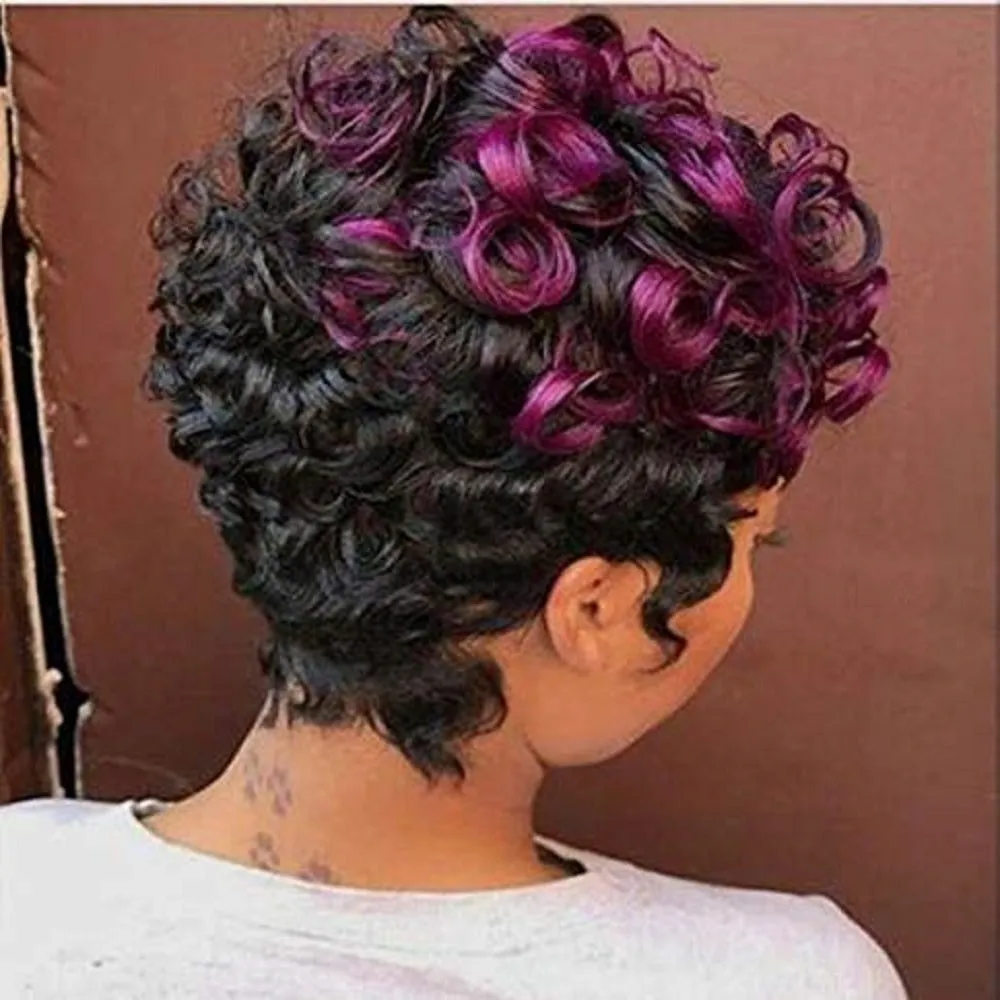 Rhonda | Black and Red Short Pixie Cut Curly Synthetic Hair Wig