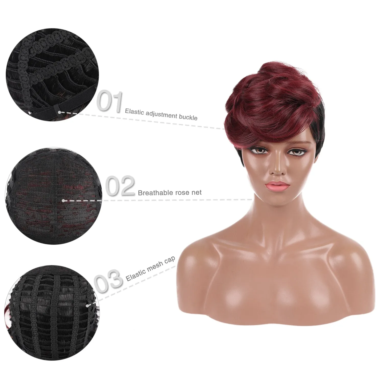 Rosery | Wine Red Short Pixie Cut Wavy Synthetic Hair Wig