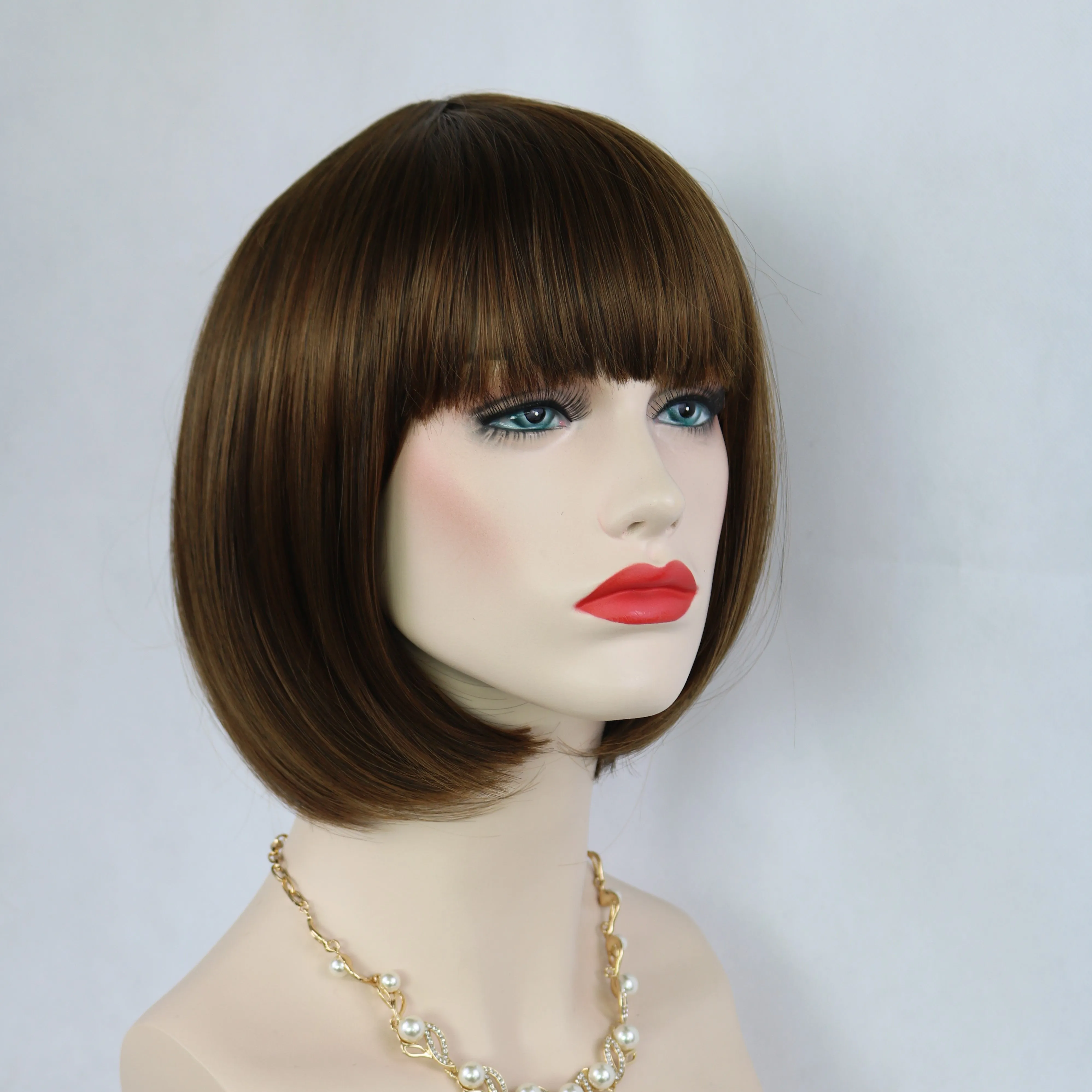 Siana | Medium Brown Medium Straight Synthetic Bob Hair Wig with Bangs