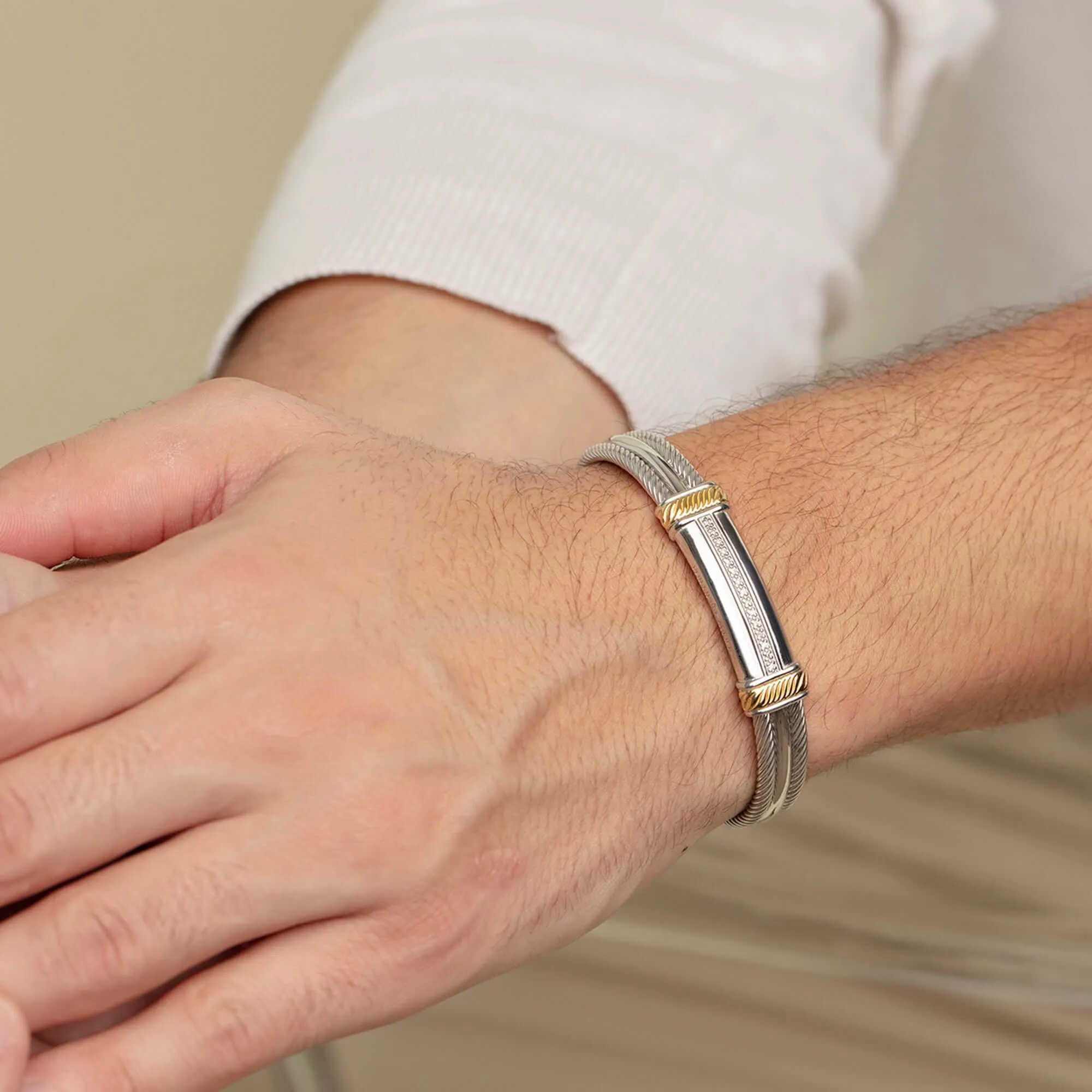 Silver & 18K Gold Cable Cuff Bracelet with Diamonds