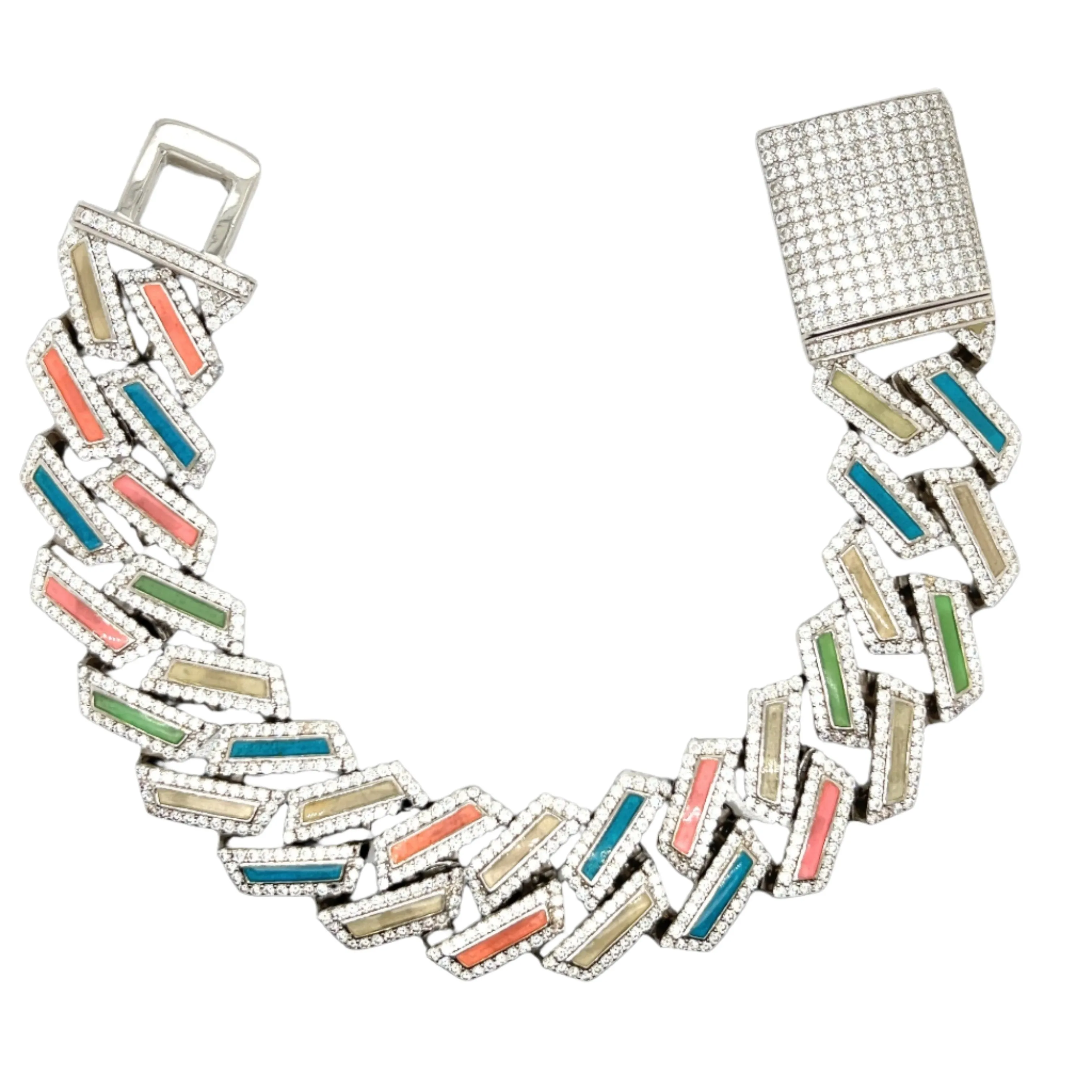 Sterling Silver Glow In the Dark 20mm with Colored Enamel & Cubic Zirconia Stones Cuban Bracelet - C301029